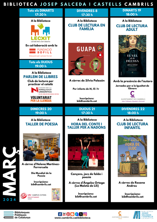L’agenda del març de la Biblioteca de Cambrils ofereix jocs de falda per nadons i un taller de poesia.