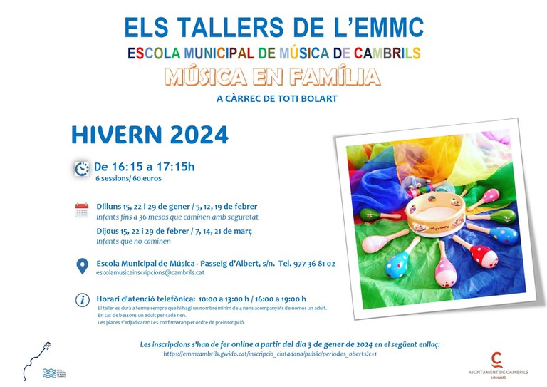 L’Escola de Música de Cambrils programa nous tallers familiars per a infants de 3 mesos a 3 anys.
