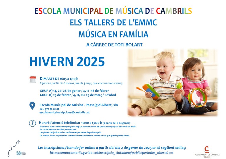 L’Escola de Música de Cambrils programa nous tallers familiars per a infants de 6 mesos a 3 anys.