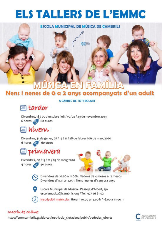 L’Escola Municipal de Música de Cambrils programa nous tallers de música en família .