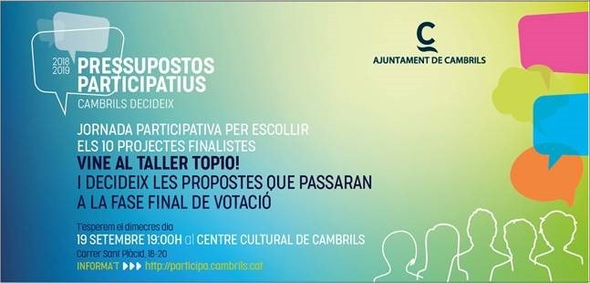 La ciutadania escollirà al taller TOP10 els projectes dels Pressupostos Participatius que passaran a la fase de votació.
