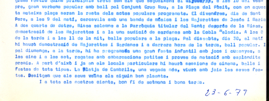 Fragment d'un guió de Josep Salceda per intervenir a Ràdio Cambrils (1979)