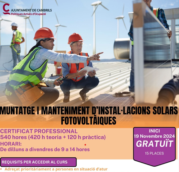 Preinscripció oberta: CP Muntatge i manteniment d'instal·lacions solars fotovoltàiques - inici 19 de novembre.